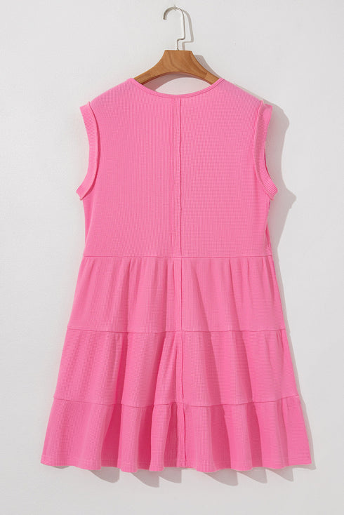 Bright Pink Waffle Textured Button Round Neck A-line Tiered Sleeveless Dress